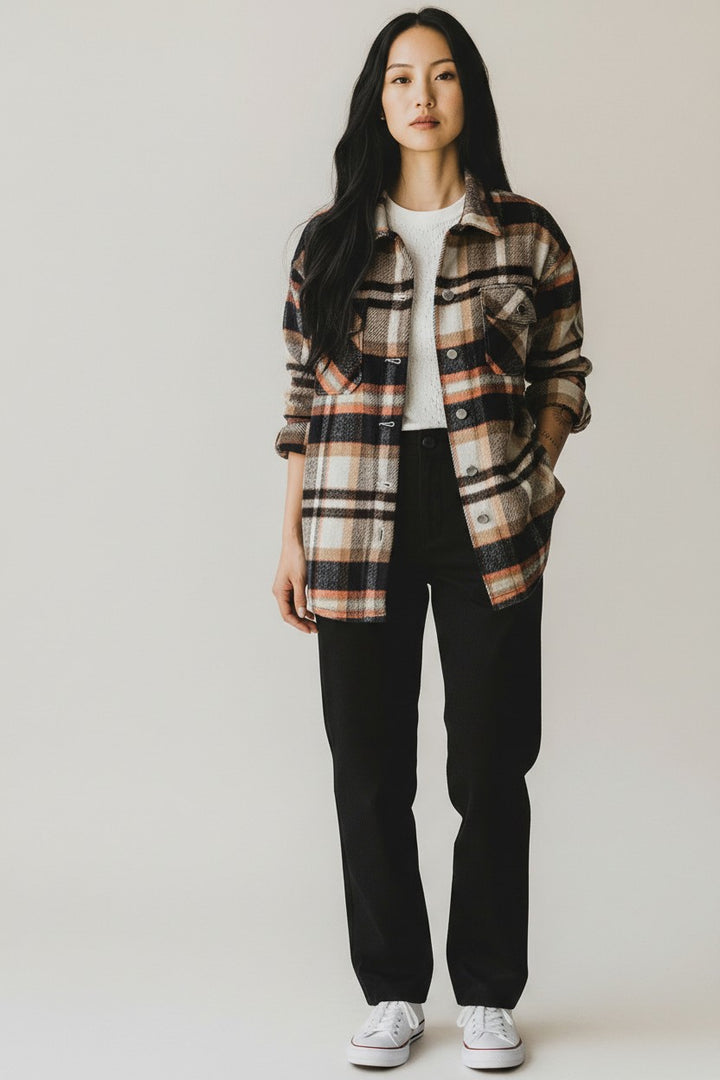 Geometric Plaid Print Pocketed Shacket
